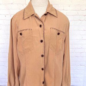 80's Silk Blouse - Tan with Stitching - Size Large